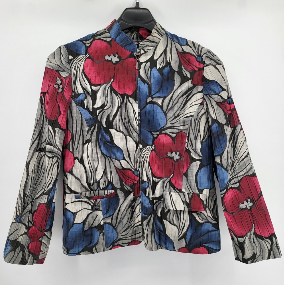Alfred Dunner Womens Floral Print Jacket Mandarin Collar Zip Front Pockets Sz 14